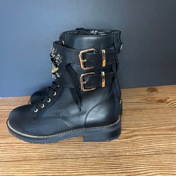 Kurt Geiger Black Leather Jeweled Sutton Eye Combat Boot Womens 35 EU - Picture 5 of 13